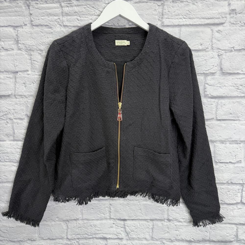 Spartina 449 Haigler Tweed Jacket Size M Black Cotton Quiet Luxury Zip - Picture 2 of 7